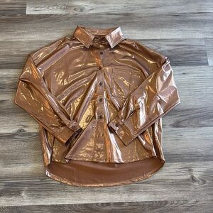 Jess Lea Metallic Bronze Button-Up Shirt Medium  Disco Glam Edgy Statement Top